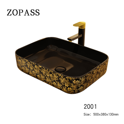 Douane Vierkant Zwart Gouden Art Deco Pedestal Basin 500*380*130mm