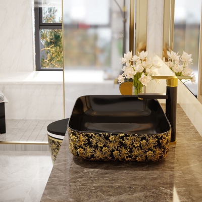 Douane Vierkant Zwart Gouden Art Deco Pedestal Basin 500*380*130mm