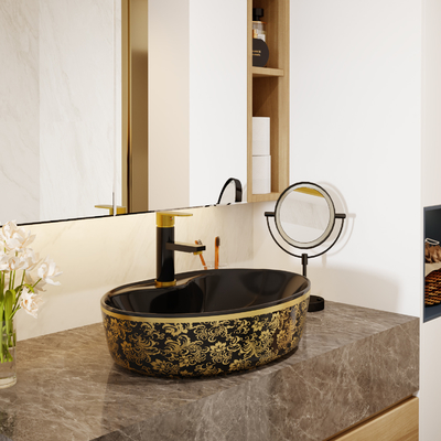 Het Bassin Zwarte Gouden Kleur van de luxe Ovale Freestanding Ijdelheid met Tapkraan