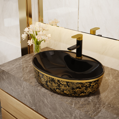 Het Bassin Zwarte Gouden Kleur van de luxe Ovale Freestanding Ijdelheid met Tapkraan